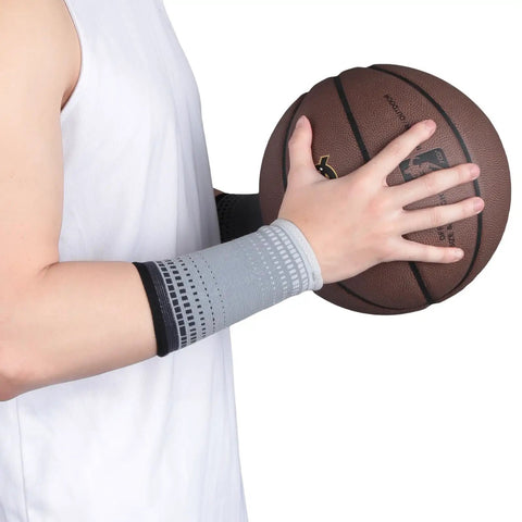 Mens Sports Wrist Guard For Weightlifting And Gym Workouts Durable Nylon Breathable Wristband on arm holding basketball