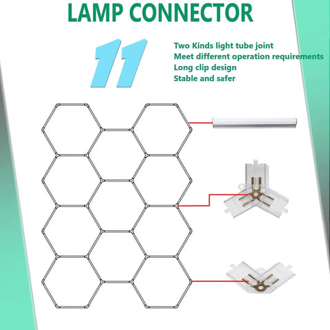DIY Hexagon LED Garage Light Kit For Workshop And Gym Detail Shop with 11-grid layout and lamp connector parts