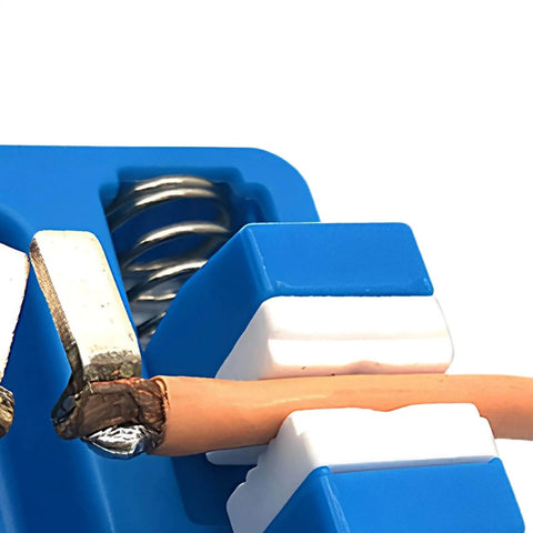 Close-up of Adjustable Heat Resistant Soldering Jig With Durable Jaw Fixture clamping wire for precision soldering.