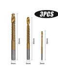 Slick Heavy Duty Three Pack HSS Twist Drill Bit Set Features Serrated Grooving Cutters And Secure Hex Shank Grip For Fast Drilling In Wood Metal Plastic Titanium Steel Works Like A Charm, showing three drill bits of varying sizes.