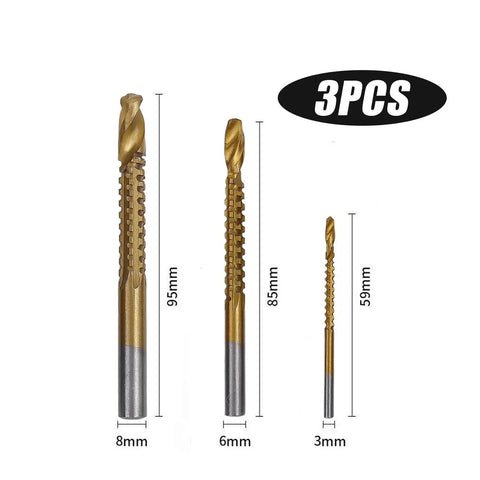 Slick Heavy Duty Three Pack HSS Twist Drill Bit Set Features Serrated Grooving Cutters And Secure Hex Shank Grip For Fast Drilling In Wood Metal Plastic Titanium Steel Works Like A Charm, showing three drill bits of varying sizes.