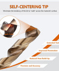 Self-centering tip feature of 74 Piece M35 Cobalt Drill Bit Set 1mm To 8mm High Speed Steel Twist Bits with 135° split point.
