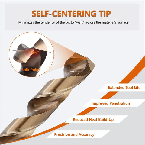 Self-centering tip feature of 74 Piece M35 Cobalt Drill Bit Set 1mm To 8mm High Speed Steel Twist Bits with 135° split point.