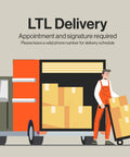 LTL Delivery with a worker in orange overalls moving boxes from a truck, showcasing delivery logistics and packing.