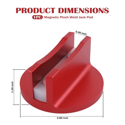 Red Magnetic Pinch Weld Jack Pads For Floor Jacks Aluminum Grooved Pinch Weld Adapter With 0.46 Inch Slot, dimensions shown