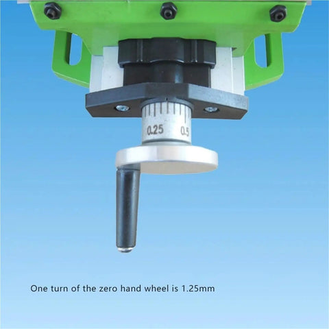 Mini Bench Drill Press Combo Machine With Lathe, Milling And Sanding Capabilities showing zero hand wheel with measurement scale.