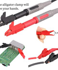 Pro Grade 25 Piece Multimeter Leads Kit With Replaceable Gold Plated Probes shown with red and black alligator clips and test hook.