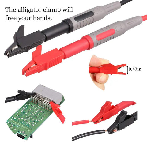 Pro Grade 25 Piece Multimeter Leads Kit With Replaceable Gold Plated Probes shown with red and black alligator clips and test hook.