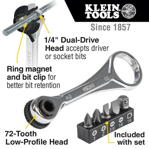 Image of a Compact Five Piece Mini Ratchet Set for Tight Spots with Phillips and Slotted Bits, including drive heads and bits.