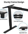 Esupy Dual Motor Electric Standing Desk Frame With Height Adjustable Sit To Stand Up Base showing sturdy steel construction and adjustable feet.
