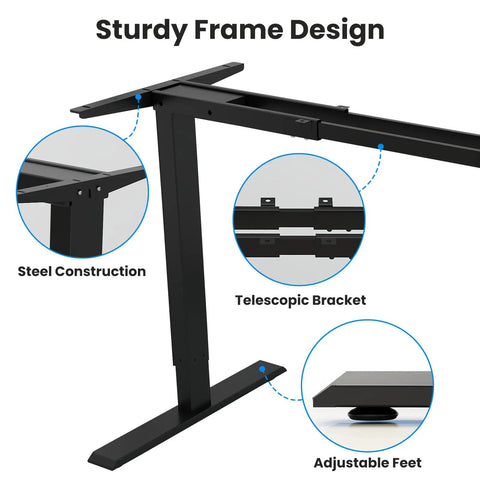 Esupy Dual Motor Electric Standing Desk Frame With Height Adjustable Sit To Stand Up Base showing sturdy steel construction and adjustable feet.