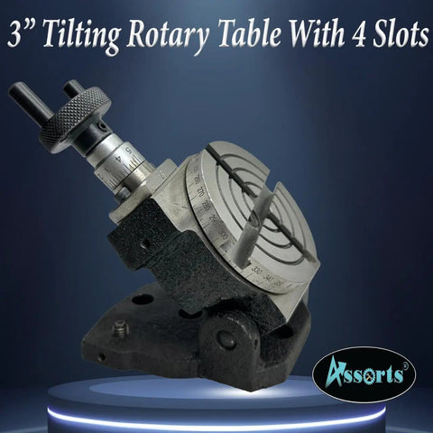 Tilting Rotary Table 3 Inch For Milling Machines With Dual Axis 0 To 90 Degrees And 4 Slot Base displayed on a pedestal.