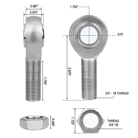 Left Hand Thread Heim Joint Rod End With Jam Nut For Three Quarter Inch Bore And Three Quarter Inch Shank Heavy Duty Chromoly Rod End For Off Road Suspension Steering And Linkage Fabrication, side view with 3/4-16 LH thread