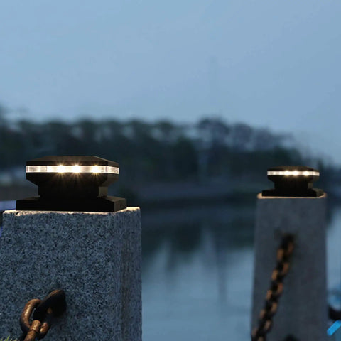 Outdoor No Fuss Post Cap Lights For 4x4 And 6x6 Wooden Posts Waterproof Fence Deck Or Patio Lighting at dusk on stone posts