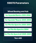 Image showing non-ABS wheel bearing and hub parameters for Hyundai Elantra, Tiburon, Kia Spectra, Spectra5.