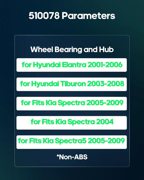 Image showing non-ABS wheel bearing and hub parameters for Hyundai Elantra, Tiburon, Kia Spectra, Spectra5.