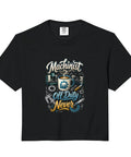 Cool Beige Machinist Vise Gauge Square Tee For Men. Heavyweight Soft Washed Crop Top With Tools Print, black with vibrant print.