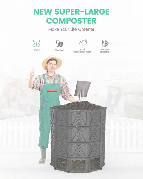 190 Gallon Large Outdoor Compost Bin With Aeration Vents, BPA Free PP Panels, modular backyard composter shown with shovel and dirt