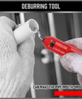Deburring tool with red handle trimming burr on white PVC pipe
