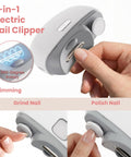 Upgraded Electric Nail Clipper With Adjustable Speeds And LED Light Automatic Trimmer For Babies Kids Adults Seniors Safe Painless Grooming Device Easy One-Touch Operation Includes Storage Case showing usage with hand.