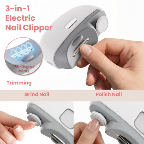 Upgraded Electric Nail Clipper With Adjustable Speeds And LED Light Automatic Trimmer For Babies Kids Adults Seniors Safe Painless Grooming Device Easy One-Touch Operation Includes Storage Case showing usage with hand.