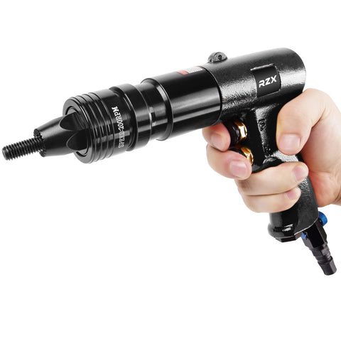 Person holding a heavy duty pneumatic rivet nut setting tool with quick change heads for 10mm 12mm and three eighths inch one half inch includes four mandrels and self locking gun head for fast tool free mandrel swaps and easy assembly.