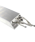 Aluminum high-power resistor with ribbed heatsink, 200W, braided leads with ring terminals (side view).