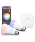 2 Pack Premium Smart Light Starter Kit With 16 Million Colors For Most Lamps And Ceiling Lights That Plays Nice With Alexa Apple HomeKit And Google Assistant, showing app interface, 2 A19 bulbs, and hub.