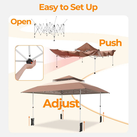 13x13 Pop Up Gazebo Outdoor Canopy Shelter With Four Sandbags No Fuss Quick Setup Sun Shade Canopy showing setup process