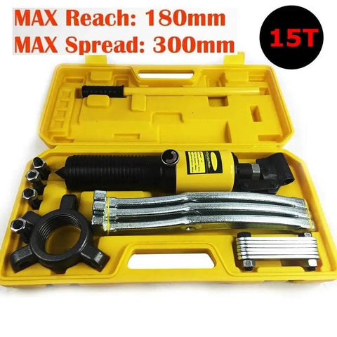 15T hydraulic gear puller set in yellow case, max reach 18mm and spread 300mm, for hubs, bearings, and flywheels
