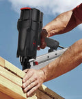 Person using Framing Nailer Heavy Duty Pneumatic 21 Degree RHF9021 for decking with toolless depth adjust and no mar tip.