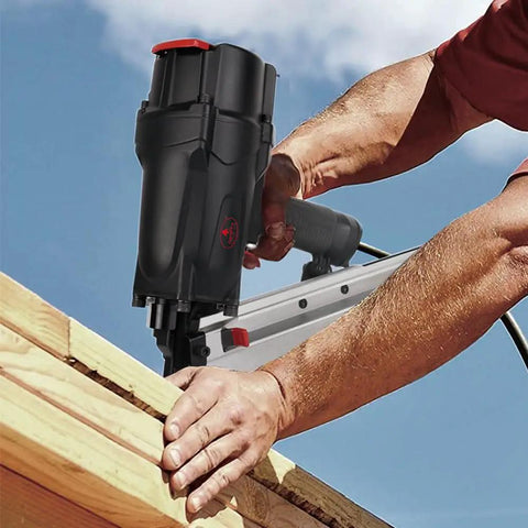 Person using Framing Nailer Heavy Duty Pneumatic 21 Degree RHF9021 for decking with toolless depth adjust and no mar tip.