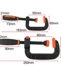 Two Piece Quick Release G Clamps Set For Woodworking With Plastic Jaw Bar Design Easy Trigger Mechanism shown with dimensions.
