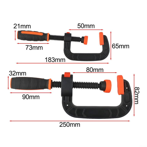 Two Piece Quick Release G Clamps Set For Woodworking With Plastic Jaw Bar Design Easy Trigger Mechanism shown with dimensions.