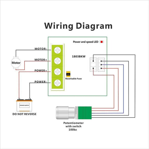 Wiring diagram for DC Motor Speed Controller 1.8V To 15V 2A PWM Variable Regulator with Speed Control Knob Governor Switch