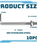 304 Stainless Steel J Bolts 3/8-16 X 6 Inches Set Of 10 Concrete Post Anchors with visible dimensions and features.