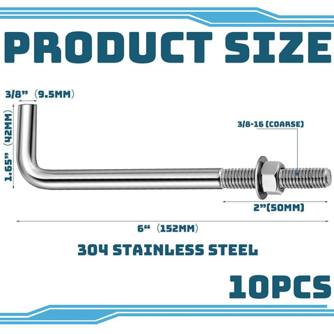 304 Stainless Steel J Bolts 3/8-16 X 6 Inches Set Of 10 Concrete Post Anchors with visible dimensions and features.