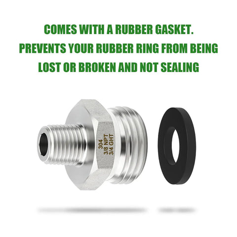 Five Pack 304 Stainless Steel Garden Hose Adapters Three Quarter Inch GHT Male To Three Eighth Inch NPT Male With Washers