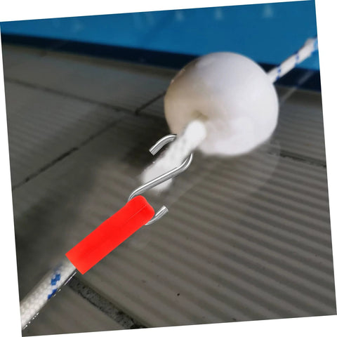 Parliky pool float hanger hook on rope with red grip, close-up view