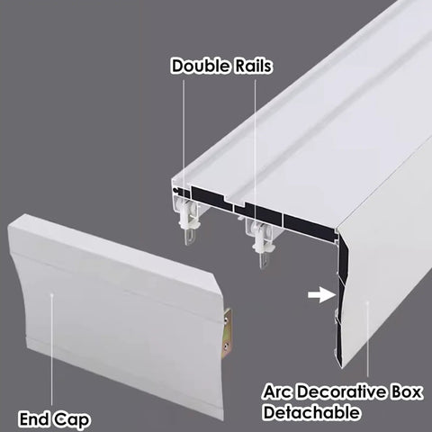 High Quality Two Layer Sliding Barn Door Track With Curtain Valance Wall Or Ceiling Mount Heavy Duty Double Roller System No Fuss Install For Home Makeover Silky Smooth Glide showing double rails and detachable end cap.