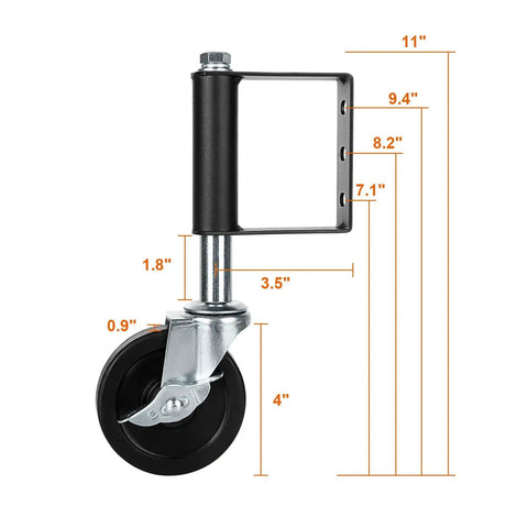 Heavy Duty Gate Caster Wheel Set 4 Inch Spring Loaded Swivel Gate Wheels With Universal Mount Plate Fits Wood Or Metal Gates 360 Degree Wheel 220 To 500 Lb Load Capacity Black 2 Pack, showing dimensional details.