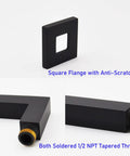Square Shower Arm With Anti Scratch O Ring Flange 12 Inch Solid Brass Soldered 90 Degree Drop One Half NPT Tapered Threads Matte Black