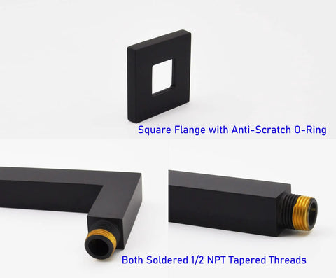 Square Shower Arm With Anti Scratch O Ring Flange 12 Inch Solid Brass Soldered 90 Degree Drop One Half NPT Tapered Threads Matte Black