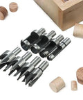 Premium Carpenter Grade 8 Piece Titanium Coated Wood Plug Cutter Drill Bit Set 1/4 3/8 1/2 5/8 Inch with tapered claw blades.