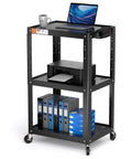Three Shelf Metal Utility Cart On Wheels With Built In Power Strip Mobile AV Cart For Projector TV Laptop Printers And Office Tech