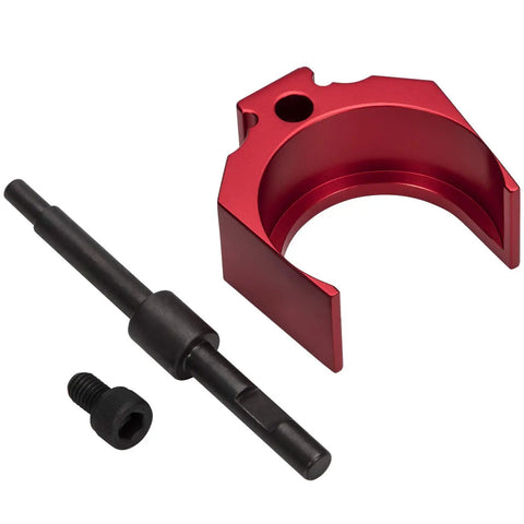 Injector Sleeve Remover And Installer Kit With Height Tool And Engine Barring Socket For CAT Caterpillar 3406E C15 C16 Engines, 8 Piece Pro Grade Set Built From Aircraft Aluminum And Heavy Duty Steel For Durability And Rust Resistance, showing a red aluminum sleeve and black steel tools.