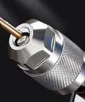 Hex Shank Drill Chuck Converter with Quick Change for no fuss bit swaps and a three jaw grip in hardened steel, close-up view