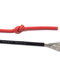 Close-up of Heavy Duty Silicone Test Lead Extension 4mm Banana Plug To Jack Male To Female Connector 14 AWG wires, red and black.