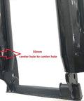 Black 26 Inch Triple Tree Front Suspension Fork With Double Shoulder Mounts For 26 Inch Mountain Bikes One Eighth Inch Headset Disc Brake Compatible showing center hole measurement