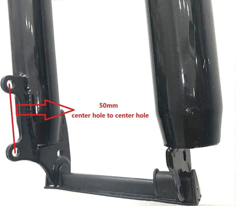Black 26 Inch Triple Tree Front Suspension Fork With Double Shoulder Mounts For 26 Inch Mountain Bikes One Eighth Inch Headset Disc Brake Compatible showing center hole measurement